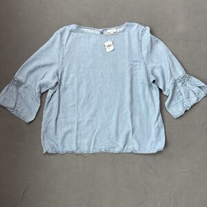 J Jill Denim Blouse Chambray Boatneck Bell Sleeve Tencel Top NWT Size XL‎ Blue